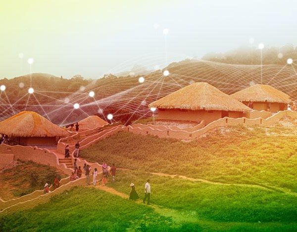 Rural village in India with traditional huts connected by a digital network overlay, representing internet connectivity and Digital India initiatives