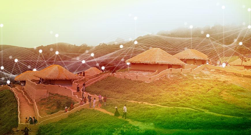 Rural village in India with traditional huts connected by a digital network overlay, representing internet connectivity and Digital India initiatives
