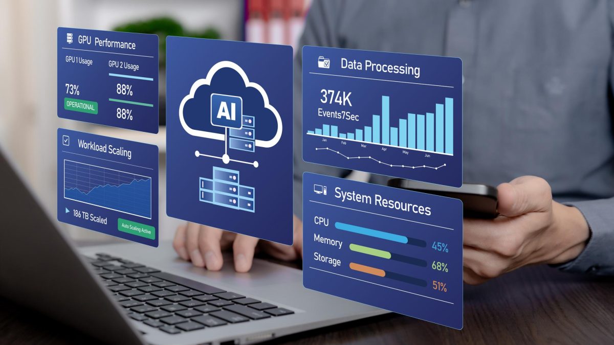 Person using a laptop and smartphone with a cloud-based SaaS dashboard displaying analytics, AI, and system performance data.