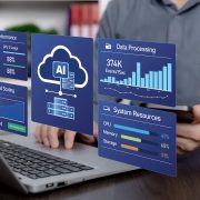 Person using a laptop and smartphone with a cloud-based SaaS dashboard displaying analytics, AI, and system performance data.