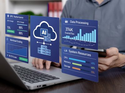 Person using a laptop and smartphone with a cloud-based SaaS dashboard displaying analytics, AI, and system performance data.