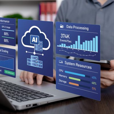 Person using a laptop and smartphone with a cloud-based SaaS dashboard displaying analytics, AI, and system performance data.