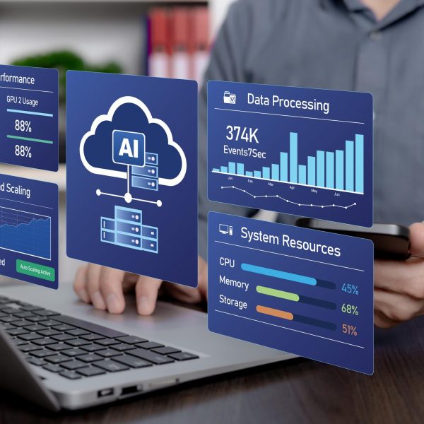 Person using a laptop and smartphone with a cloud-based SaaS dashboard displaying analytics, AI, and system performance data.