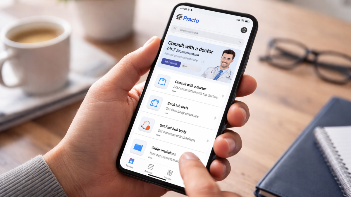 Person using a smartphone displaying the Practo medical app for online doctor consultation and health services.