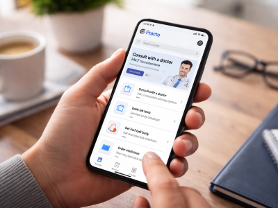 Person using a smartphone displaying the Practo medical app for online doctor consultation and health services.