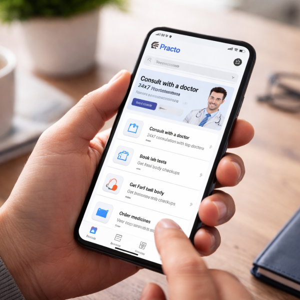Person using a smartphone displaying the Practo medical app for online doctor consultation and health services.
