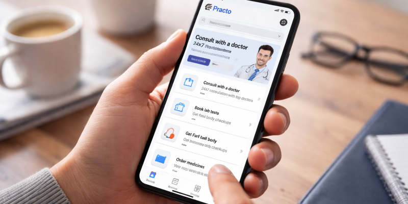 Person using a smartphone displaying the Practo medical app for online doctor consultation and health services.